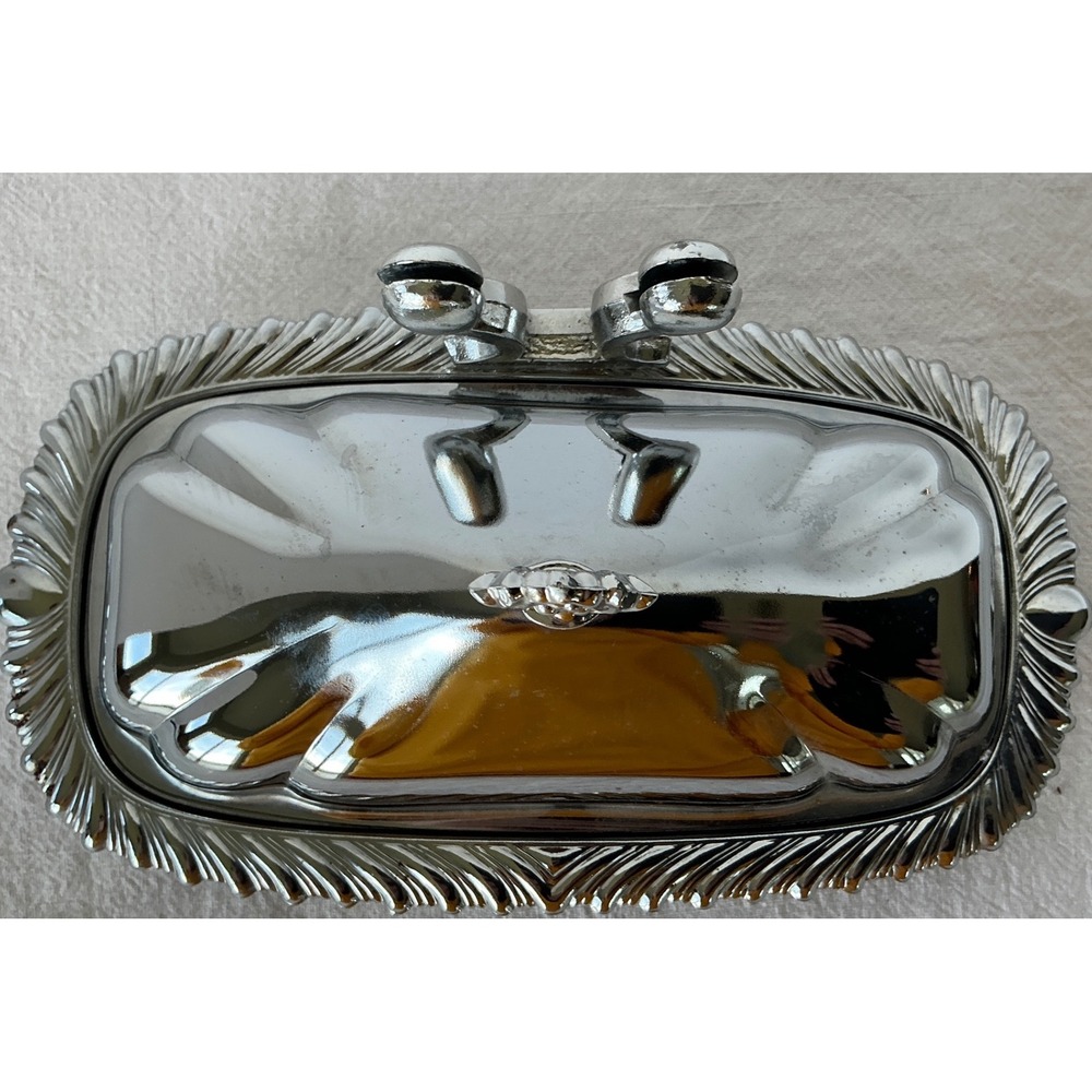 Shelton-Ware Vintage Butter Dish Chrome Glass Insert Scalloped Silver Tone NYC